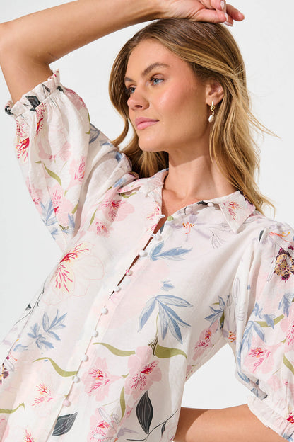 Alexandros Shirt in White with Pink Multi Floral