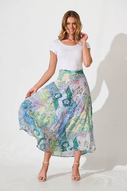 Talisse Maxi Skirt in Blue Multi Patchwork