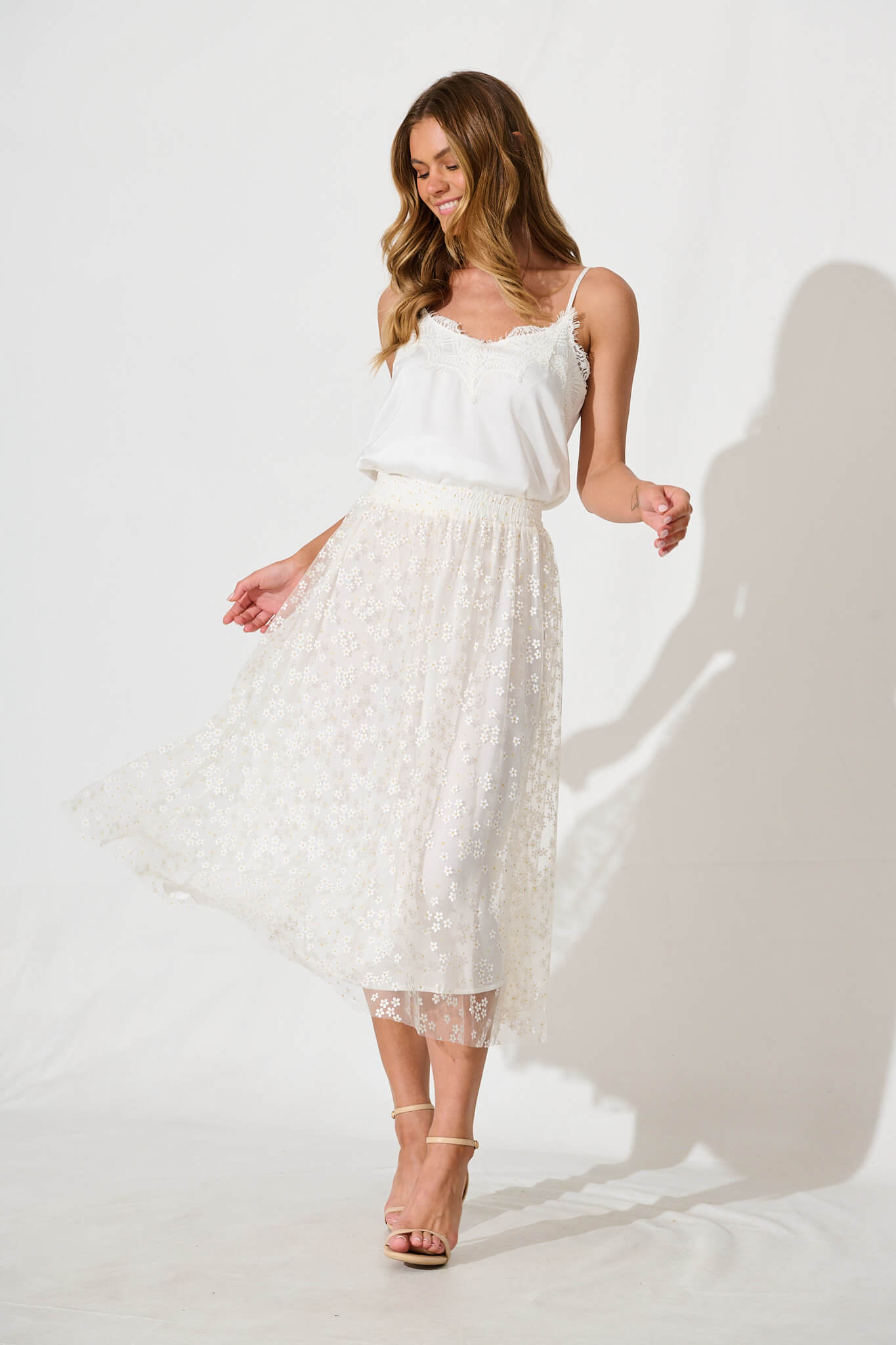 Lilitina Midi Skirt in White Floral Tulle With Gold Lurex