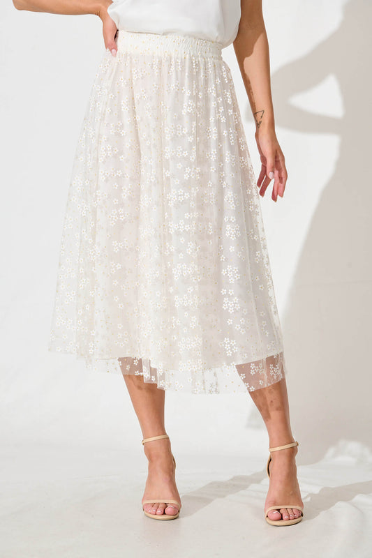 Lilitina Midi Skirt in White Floral Tulle With Gold Lurex
