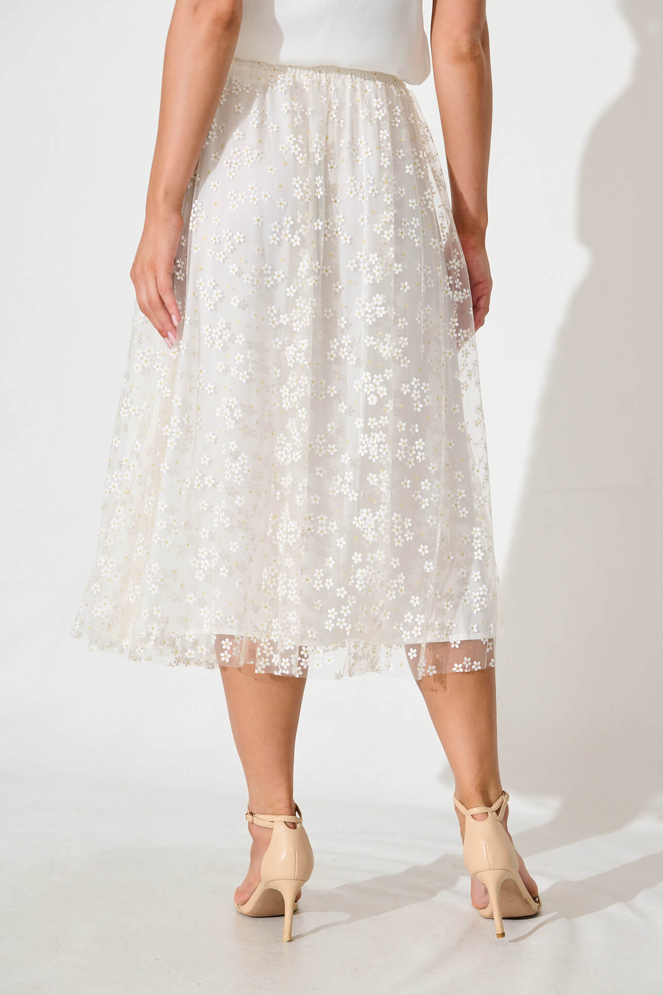 Lilitina Midi Skirt in White Floral Tulle With Gold Lurex