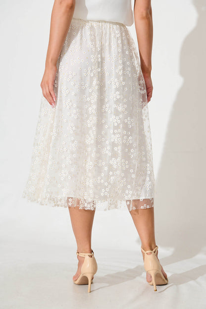 Lilitina Midi Skirt in White Floral Tulle With Gold Lurex