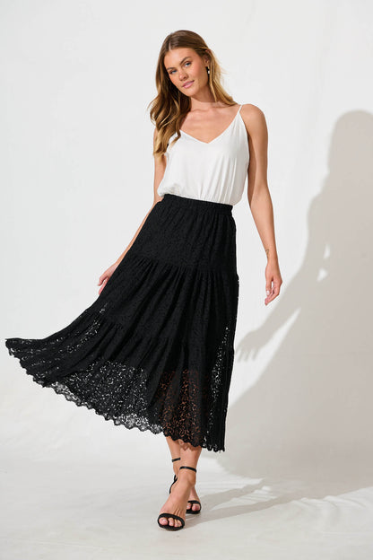 Augustus Midi Skirt in Black Lace