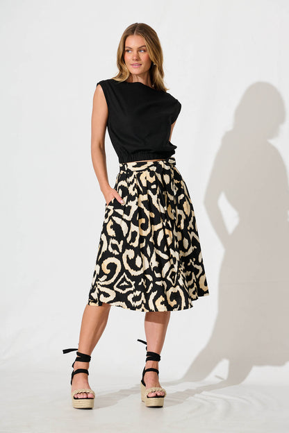 Bailey Midi Skirt In Black With Cream Abstract