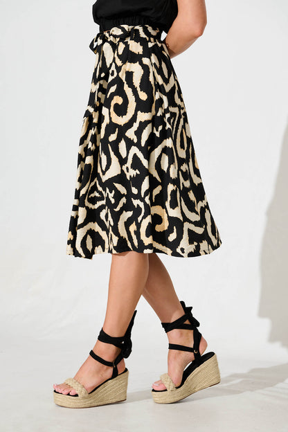 Bailey Midi Skirt In Black With Cream Abstract