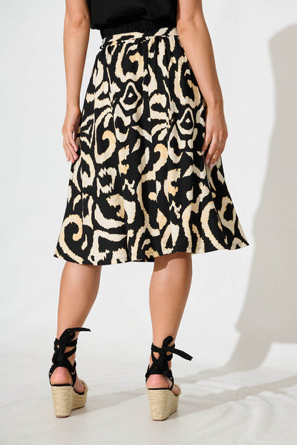 Bailey Midi Skirt In Black With Cream Abstract
