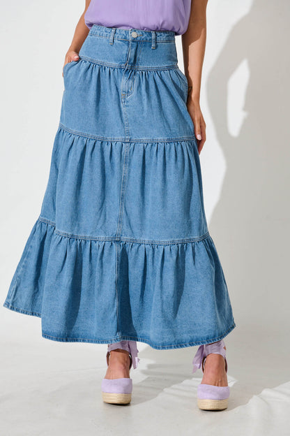Aisha Maxi Skirt In Mid Blue Denim