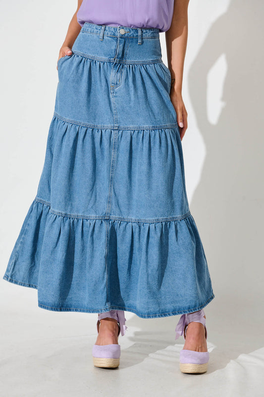 Aisha Maxi Skirt In Mid Blue Denim