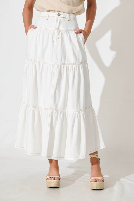 Aisha Maxi Skirt In White Denim