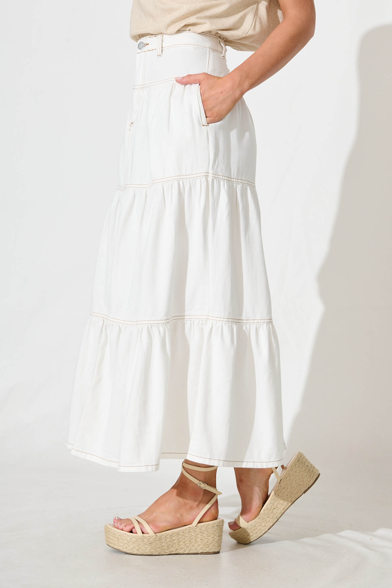 Aisha Maxi Skirt In White Denim