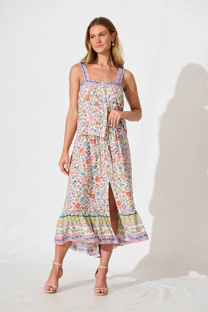 Malibu Maxi Skirt in White with Multi Floral Border Print