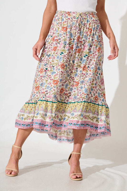 Malibu Maxi Skirt in White with Multi Floral Border Print