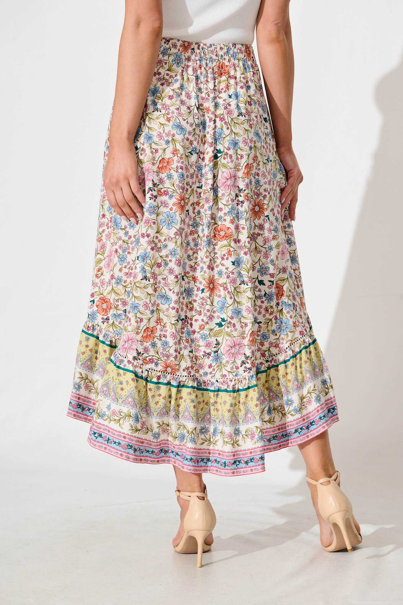 Malibu Maxi Skirt in White with Multi Floral Border Print