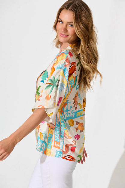 Columbia Shirt In Cream With Multi Summer Print