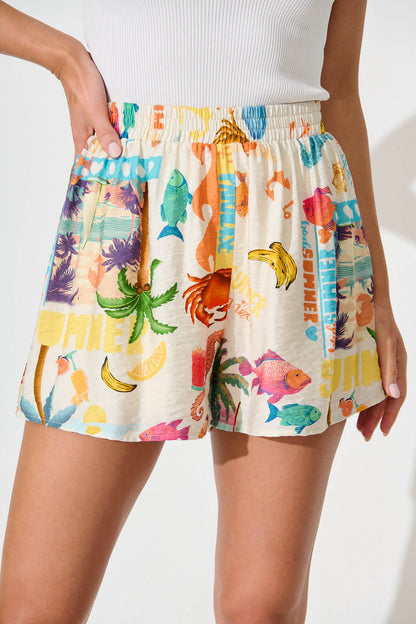 Vesna Short In Cream With Multi Summer Print