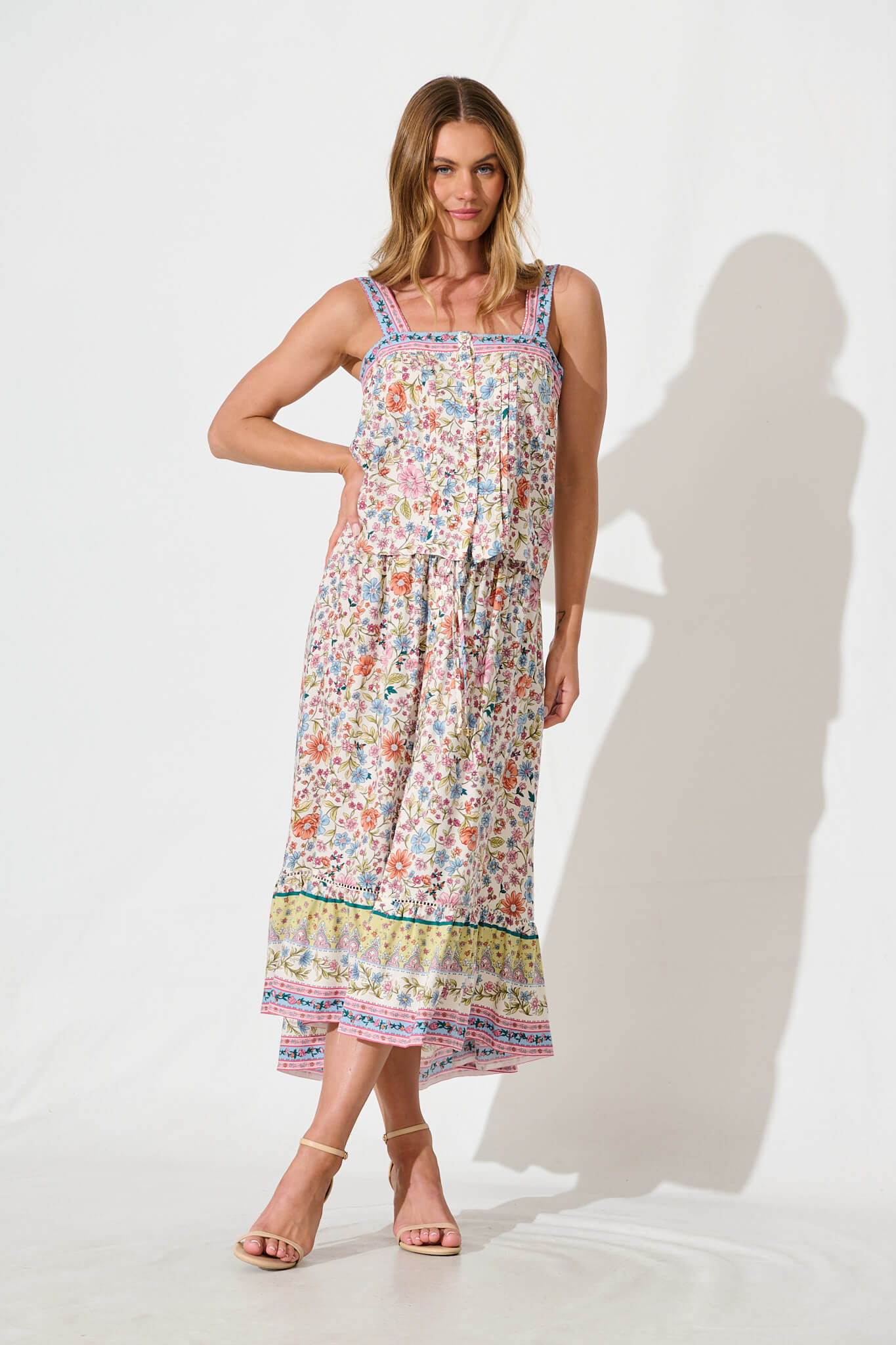 Liliana Cami Top In White with Multi Floral Border Print