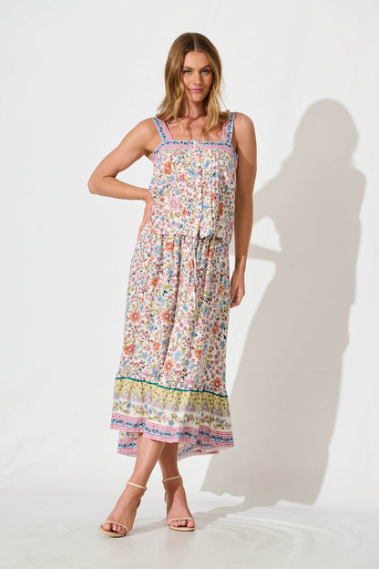 Liliana Cami Top In White with Multi Floral Border Print