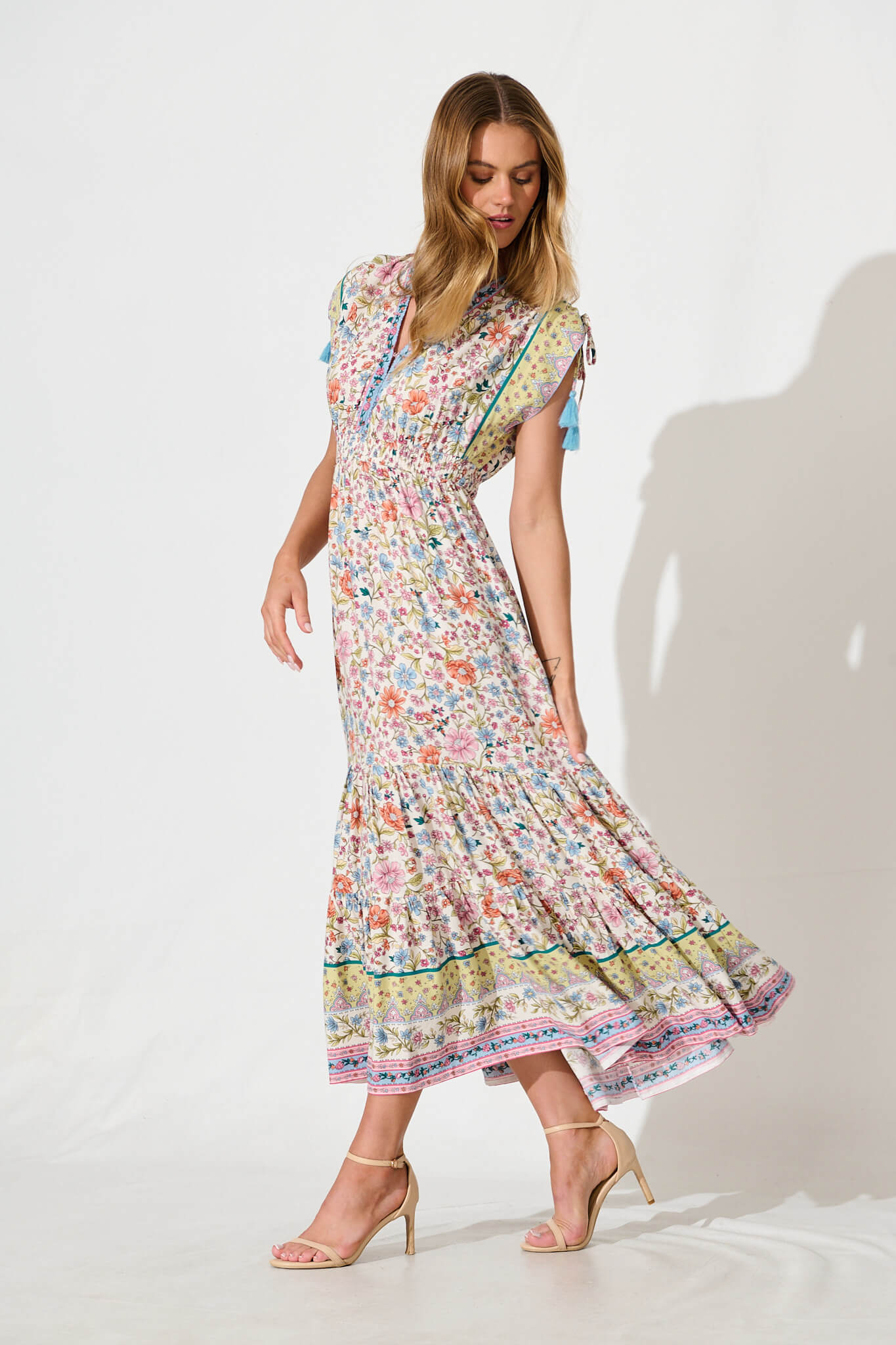 Olina Maxi Dress in White with Multi Floral Border Print