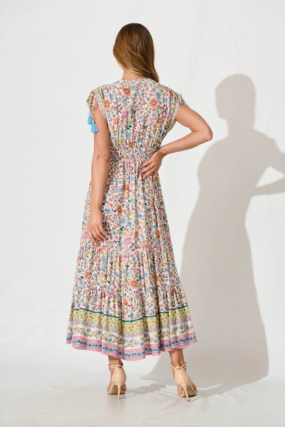 Olina Maxi Dress in White with Multi Floral Border Print
