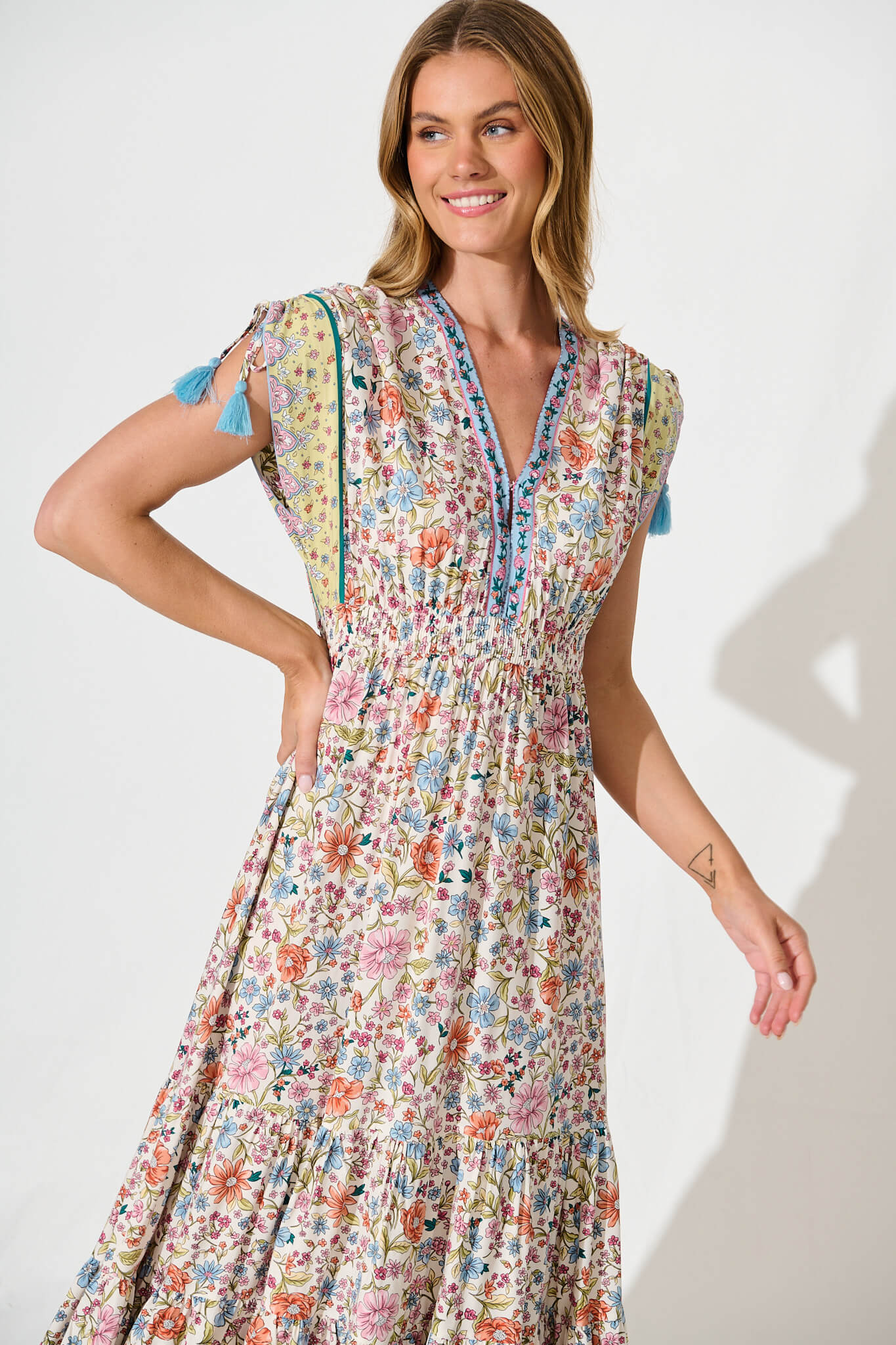 Olina Maxi Dress in White with Multi Floral Border Print