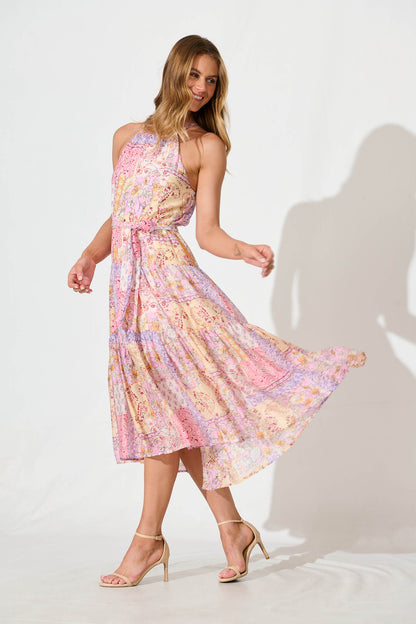 Besiana Midi Halter Neck Dress in Pink Multi Patchwork