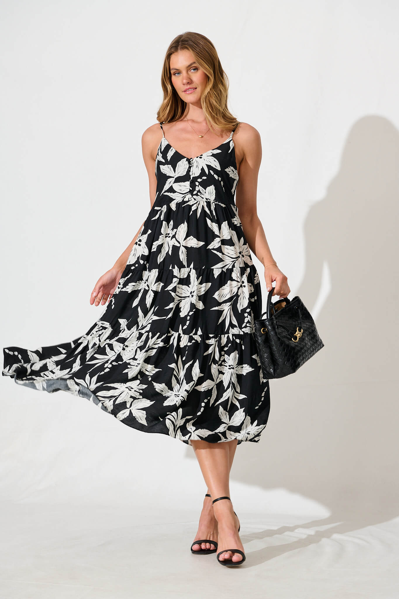Sherwick Midi Sundress in Black with White Flower