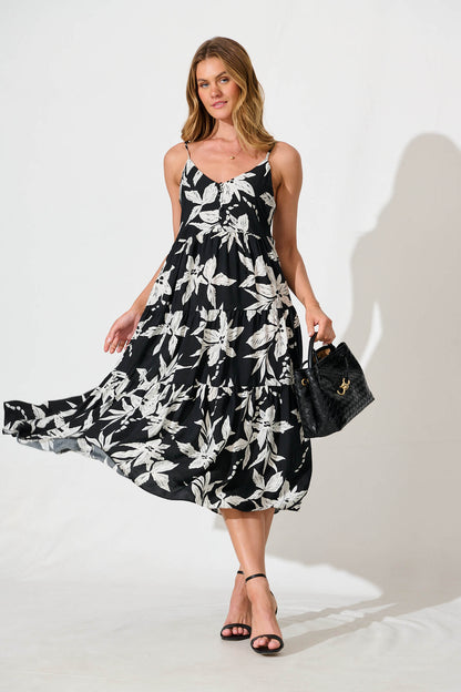 Sherwick Midi Sundress in Black with White Flower