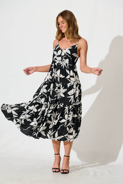 Sherwick Midi Sundress in Black with White Flower