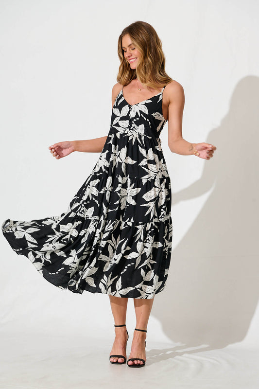 Sherwick Midi Sundress in Black with White Flower
