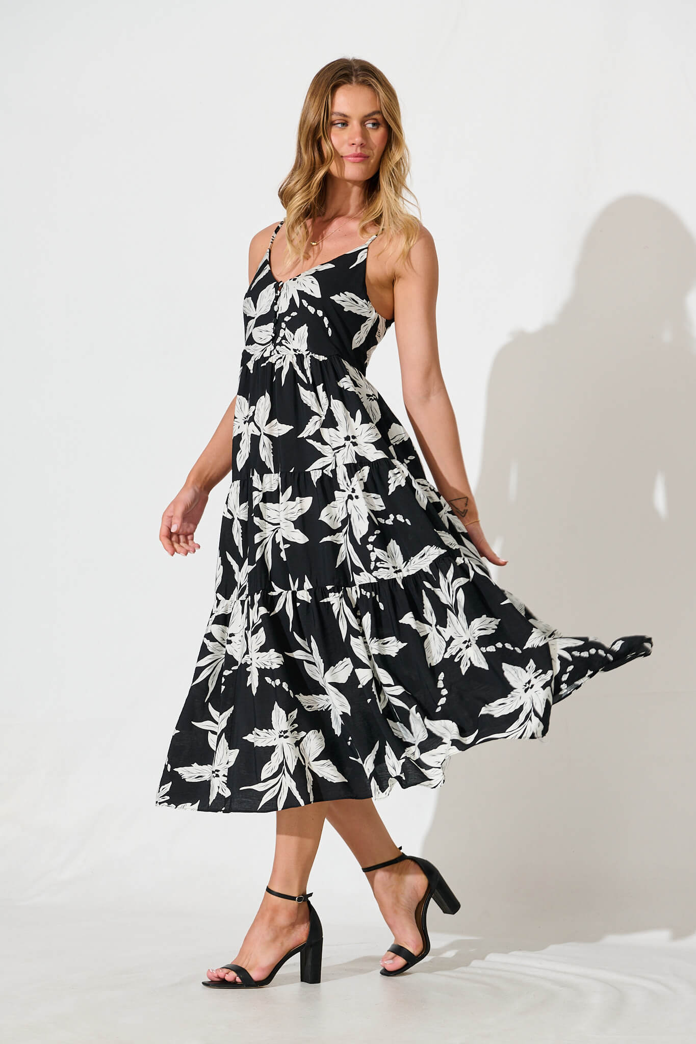 Sherwick Midi Sundress in Black with White Flower
