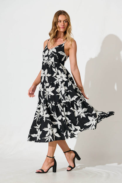 Sherwick Midi Sundress in Black with White Flower