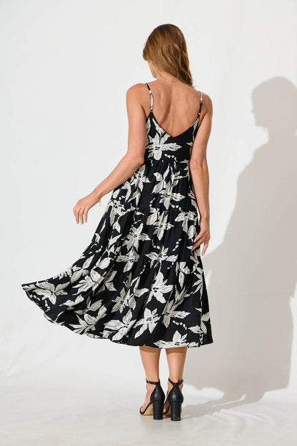 Sherwick Midi Sundress in Black with White Flower
