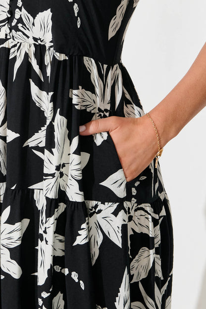 Sherwick Midi Sundress in Black with White Flower