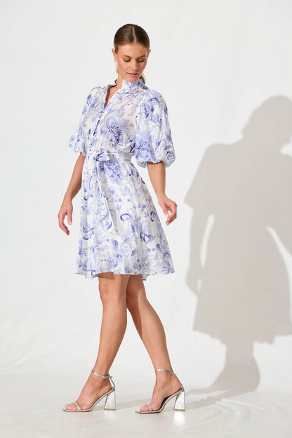 Aerida Dress in White with Blue Print Cotton Blend