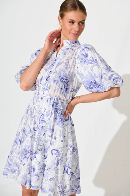 Aerida Dress in White with Blue Print Cotton Blend