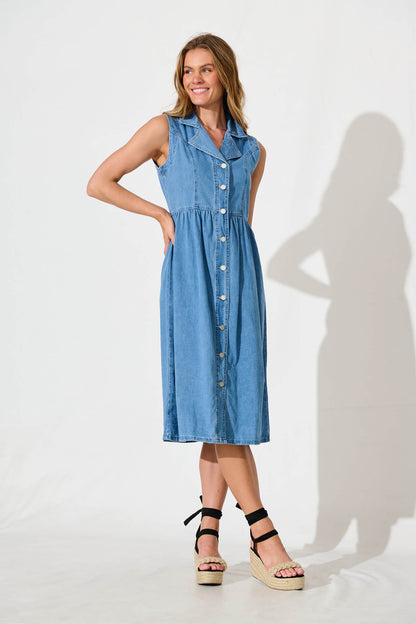 In Love Midi Shirt Dress in Mid Blue Denim
