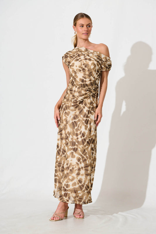 Samina Maxi Dress in Coffee and Cream Leopard Print Chiffon
