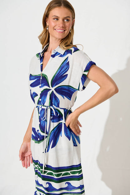 Nailea Shirt Dress in White with Blue Leaf Border Print