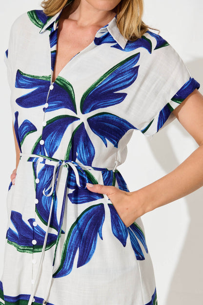 Nailea Shirt Dress in White with Blue Leaf Border Print