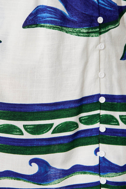 Nailea Shirt Dress in White with Blue Leaf Border Print