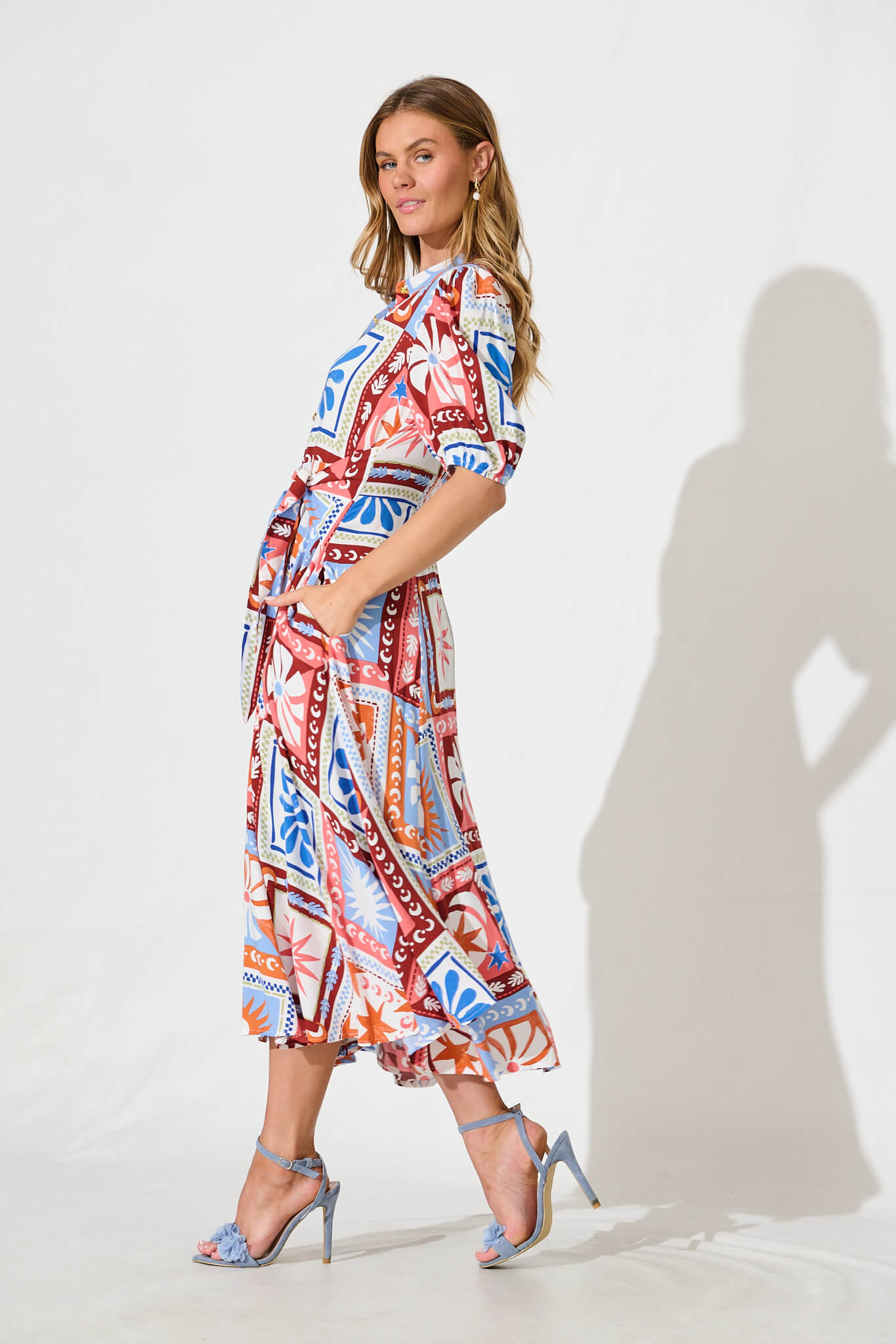 Bella Maxi Shirt Dress In White Multi Patchwork Print