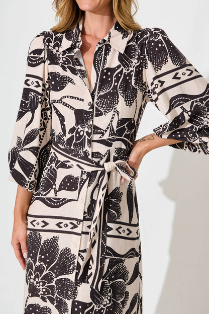 Eira Maxi Shirt Dress in Beige with Black Flower Linen Blend