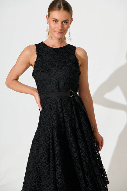 Osment Midi Dress In Black Floral Embroidered Tulle