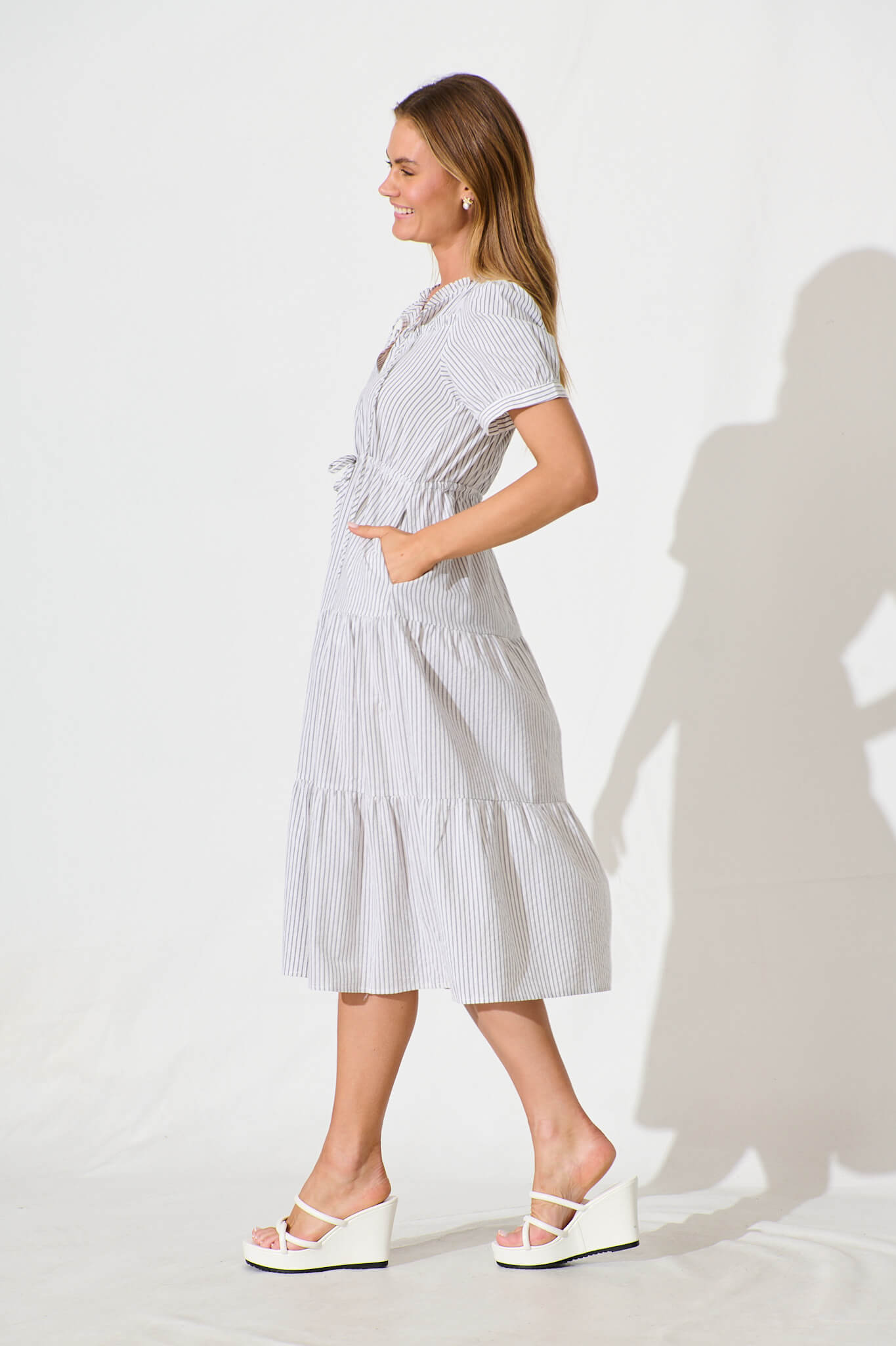 Micah Midi Dress in Black and White Stripe Cotton Blend