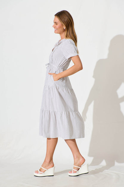 Micah Midi Dress in Black and White Stripe Cotton Blend