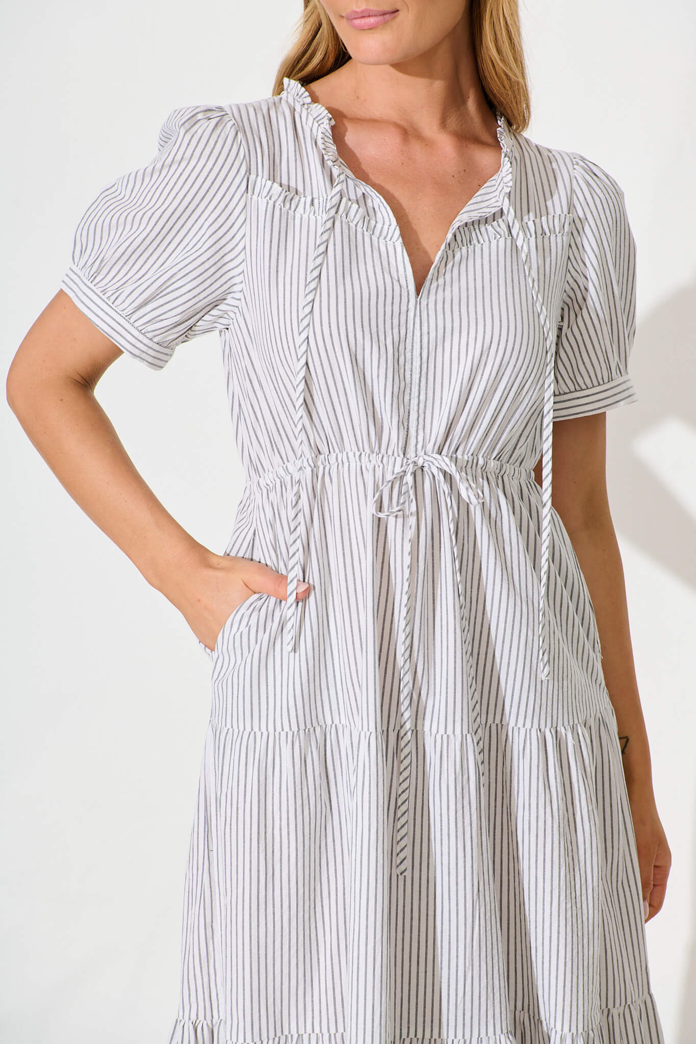 Micah Midi Dress in Black and White Stripe Cotton Blend