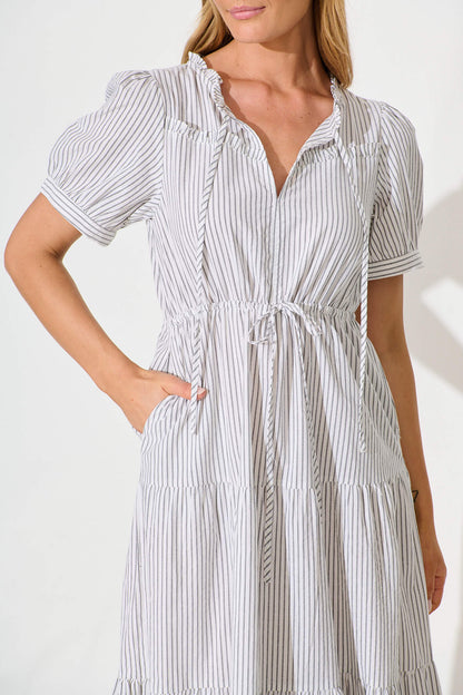 Micah Midi Dress in Black and White Stripe Cotton Blend