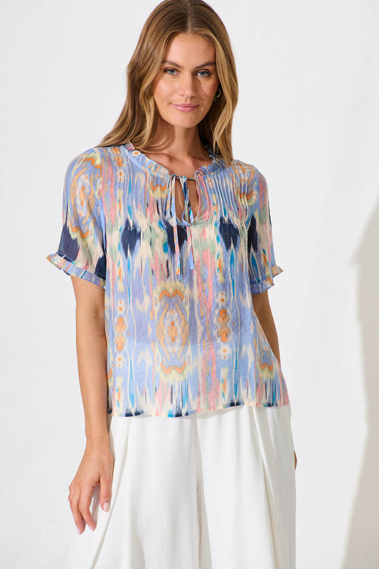 Downey Top In Blue Multi Print