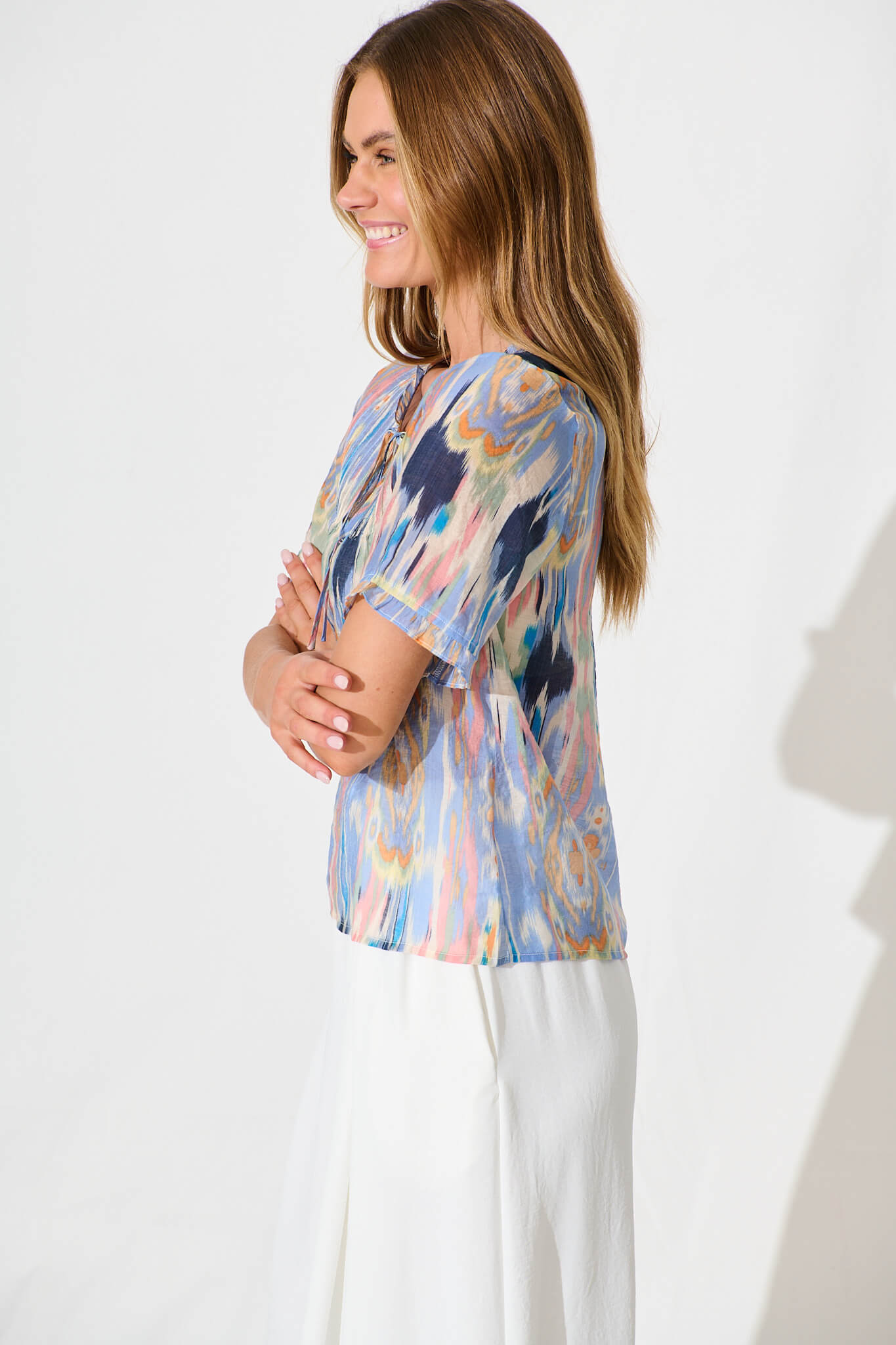 Downey Top In Blue Multi Print