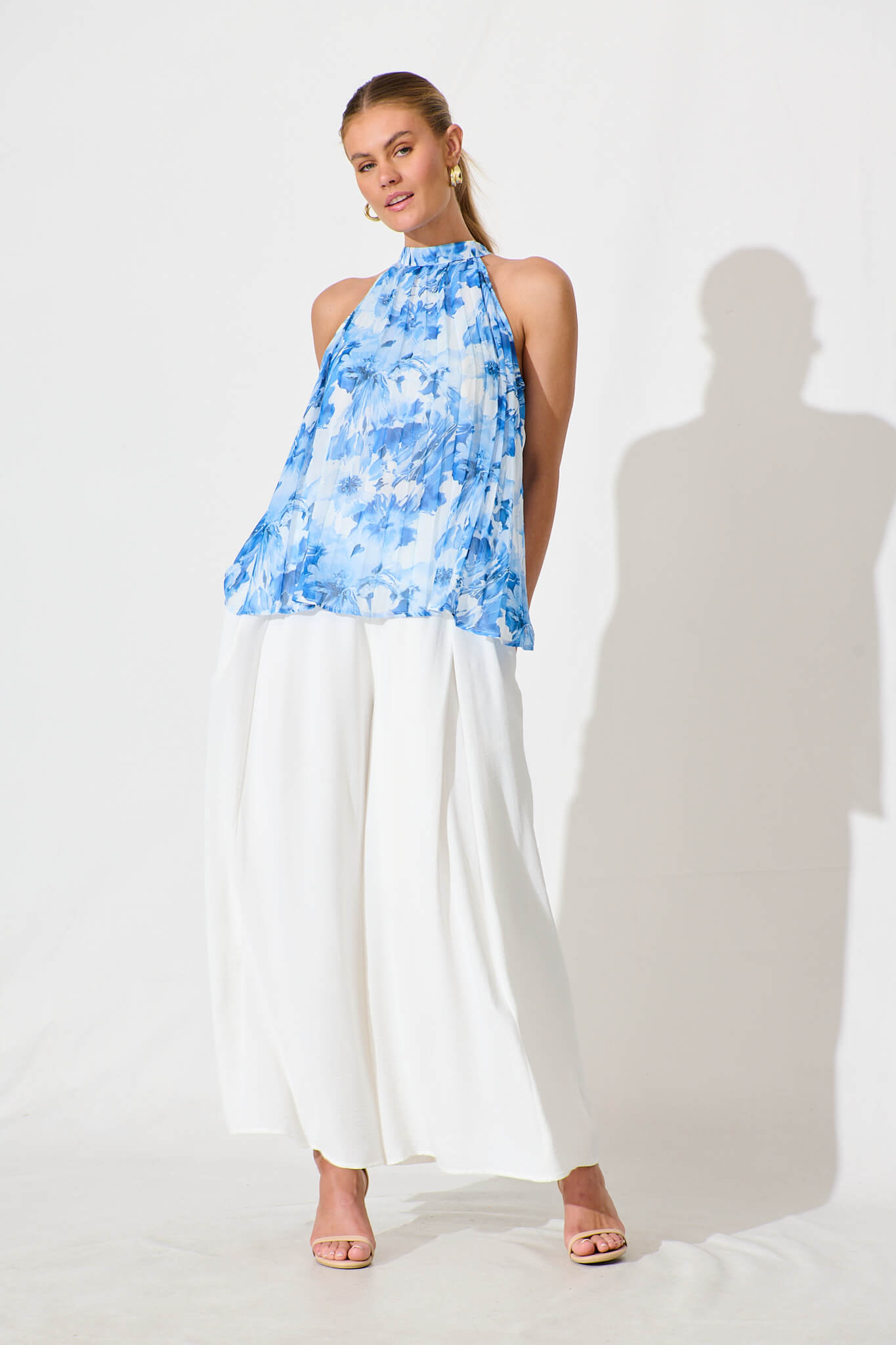 Roxie Top in White and Blue Floral Chiffon